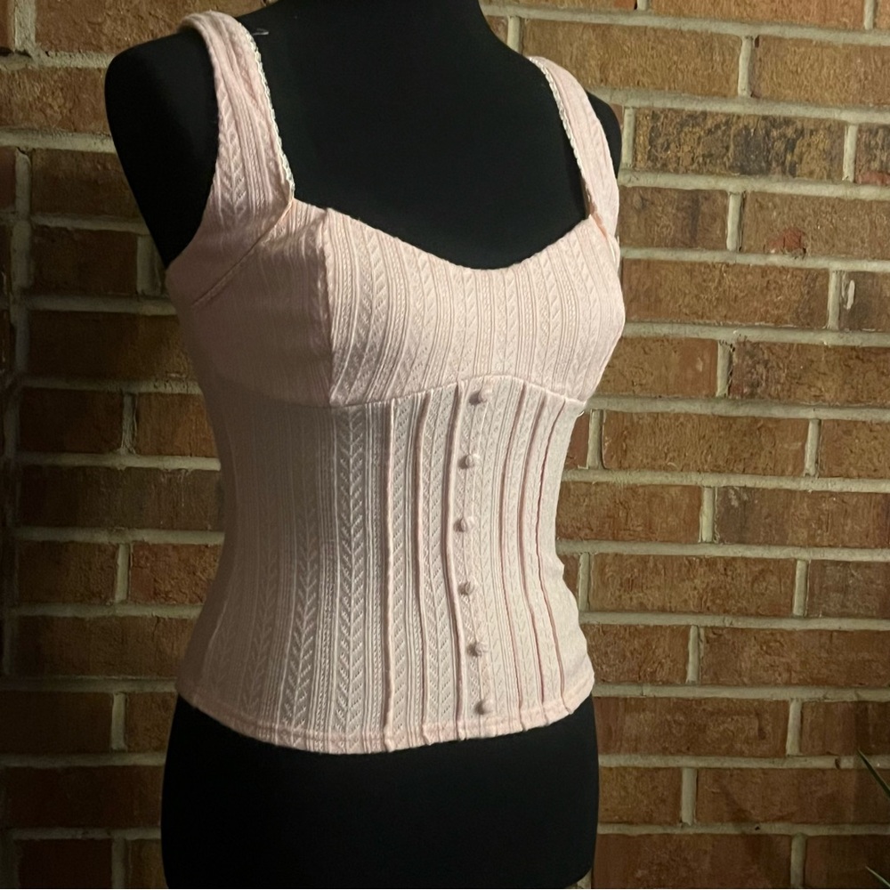 Lulus Women XS Calanthe Light Pink Pointelle Knit Button-Front Corset Tank Top